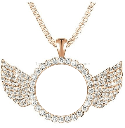 Custom Photo Rhinestone Necklace.  Circle with wings