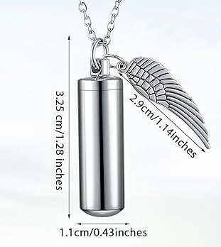 Silver Cylinder Urn Necklace with Angel Wing – Stainless Steel Memorial Keepsake Pendant