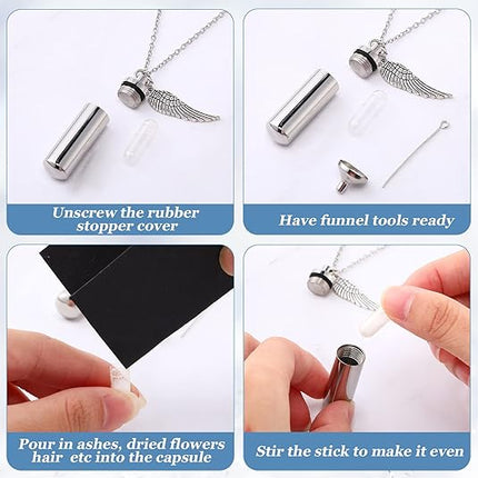Silver Cylinder Urn Necklace with Angel Wing – Stainless Steel Memorial Keepsake Pendant