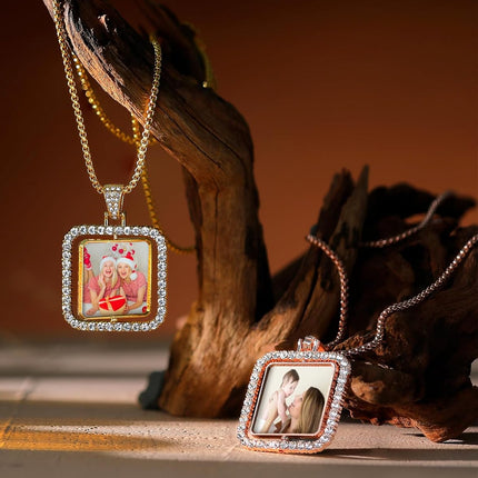 Personalized Silver Square Shape Double Sided Rhinestone Pendant 0.98 inch