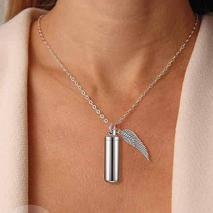 Silver Cylinder Urn Necklace with Angel Wing – Stainless Steel Memorial Keepsake Pendant