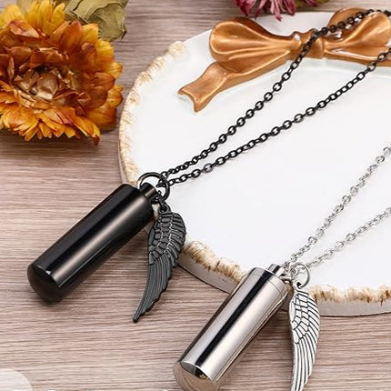 Black Cylinder Urn Necklace with Angel Wing – Stainless Steel Memorial Keepsake Pendant
