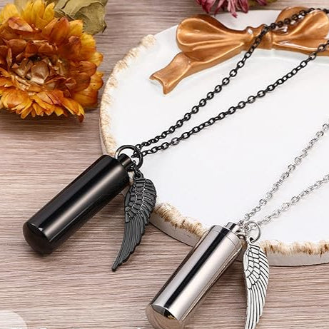 Black Cylinder Urn Necklace with Angel Wing – Stainless Steel Memorial Keepsake Pendant