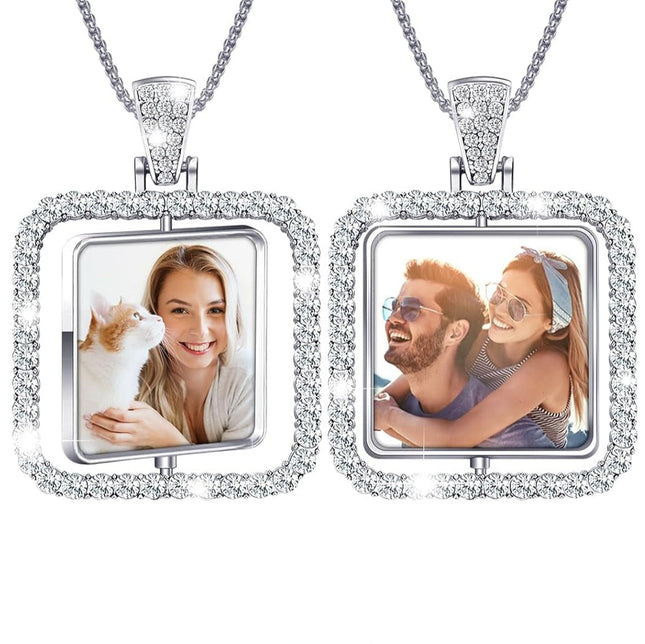 Personalized Silver Square Shape Double Sided Rhinestone Pendant 0.98 inch