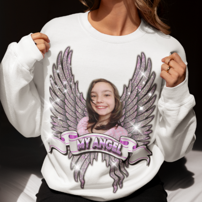 Personalized Angel Wings with Photo & Rhinestones . Purple pink shades