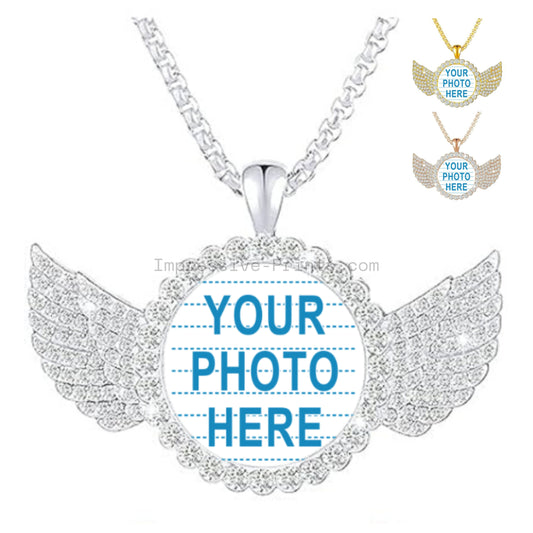 Custom Photo Rhinestone Necklace.  Circle with wings