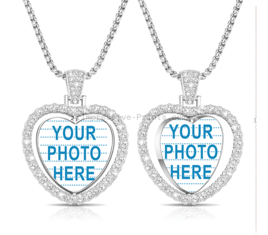 Custom Photo Rhinestone Necklace  Silver Heart. Double Sided