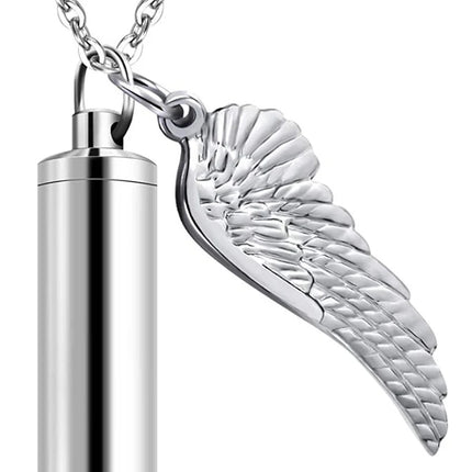 Silver Cylinder Urn Necklace with Angel Wing – Stainless Steel Memorial Keepsake Pendant