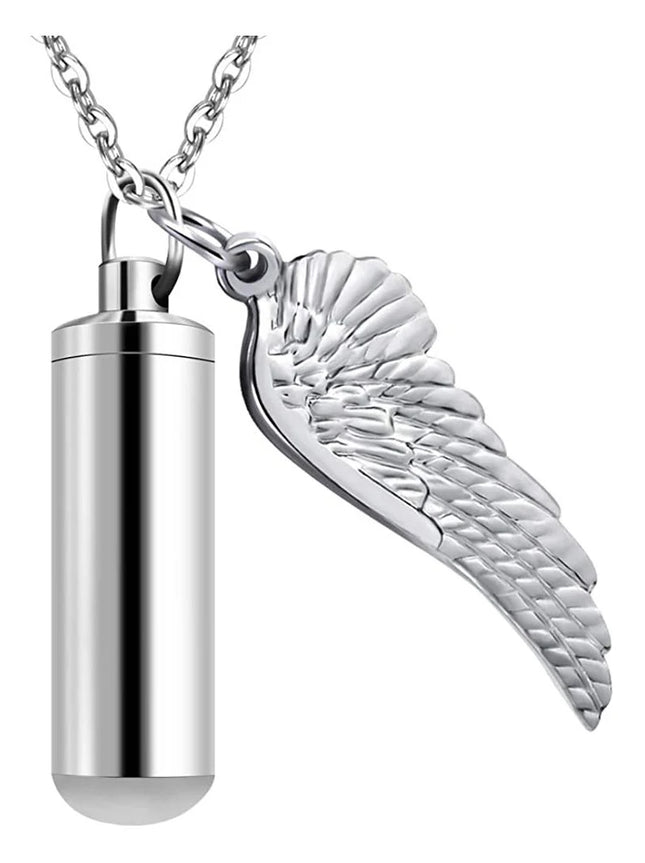 Silver Cylinder Urn Necklace with Angel Wing – Stainless Steel Memorial Keepsake Pendant