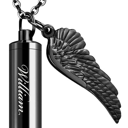 Black Cylinder Urn Necklace with Angel Wing – Stainless Steel Memorial Keepsake Pendant