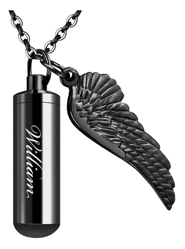 Black Cylinder Urn Necklace with Angel Wing – Stainless Steel Memorial Keepsake Pendant