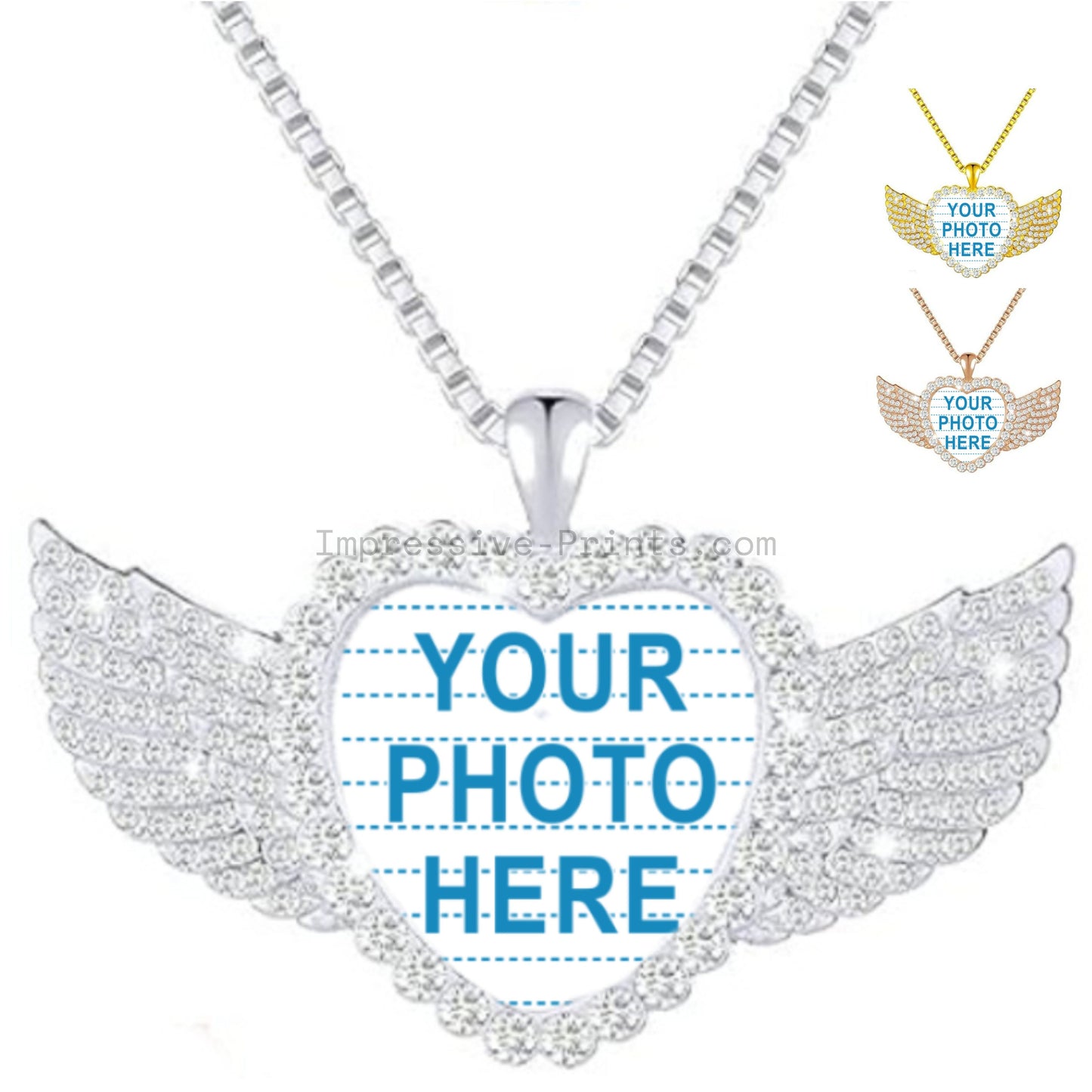 Custom Photo Rhinestone Necklace  Heart with wings