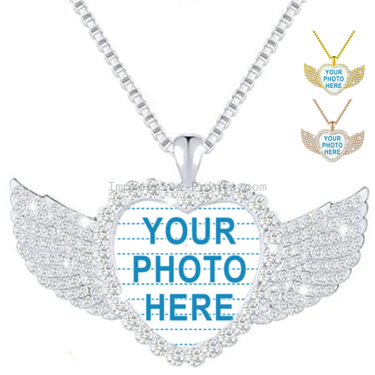 Custom Photo Rhinestone Necklace  Heart with wings